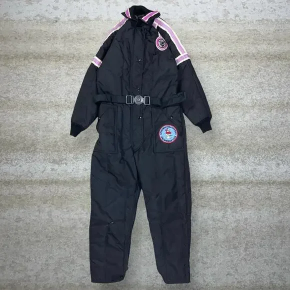 Vintage 90s Arctic Cat Snow Suit Coveralls Mens M Baggy Black Purple Nylon - Picture 1 of 6